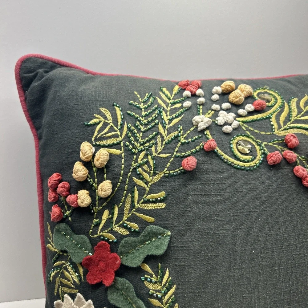 Devi Designs 18x18 Embroidered Floral Throw Pillow Beaded 3D Flowers Boho